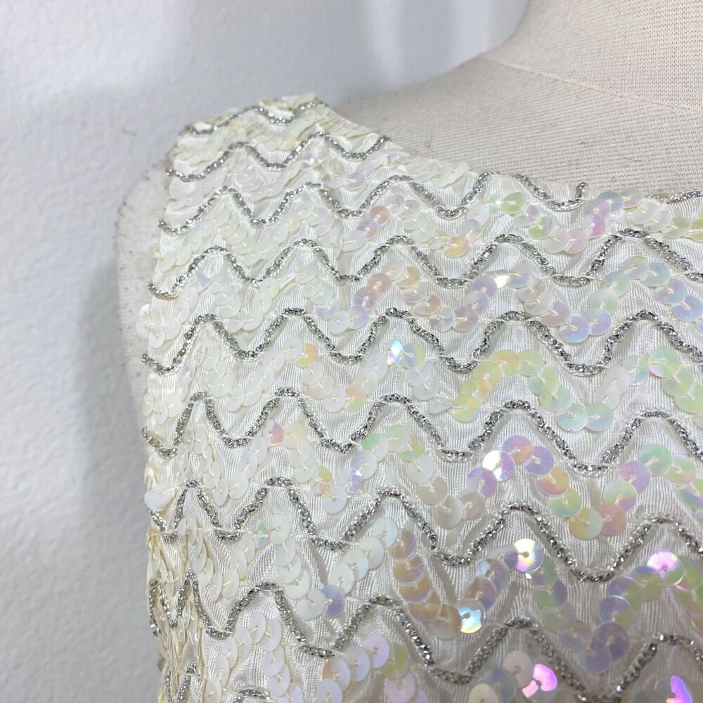 Vintage White Sequin Crop Cocktail Tank Top Medium Glam Evening Date Night - Picture 3 of 8